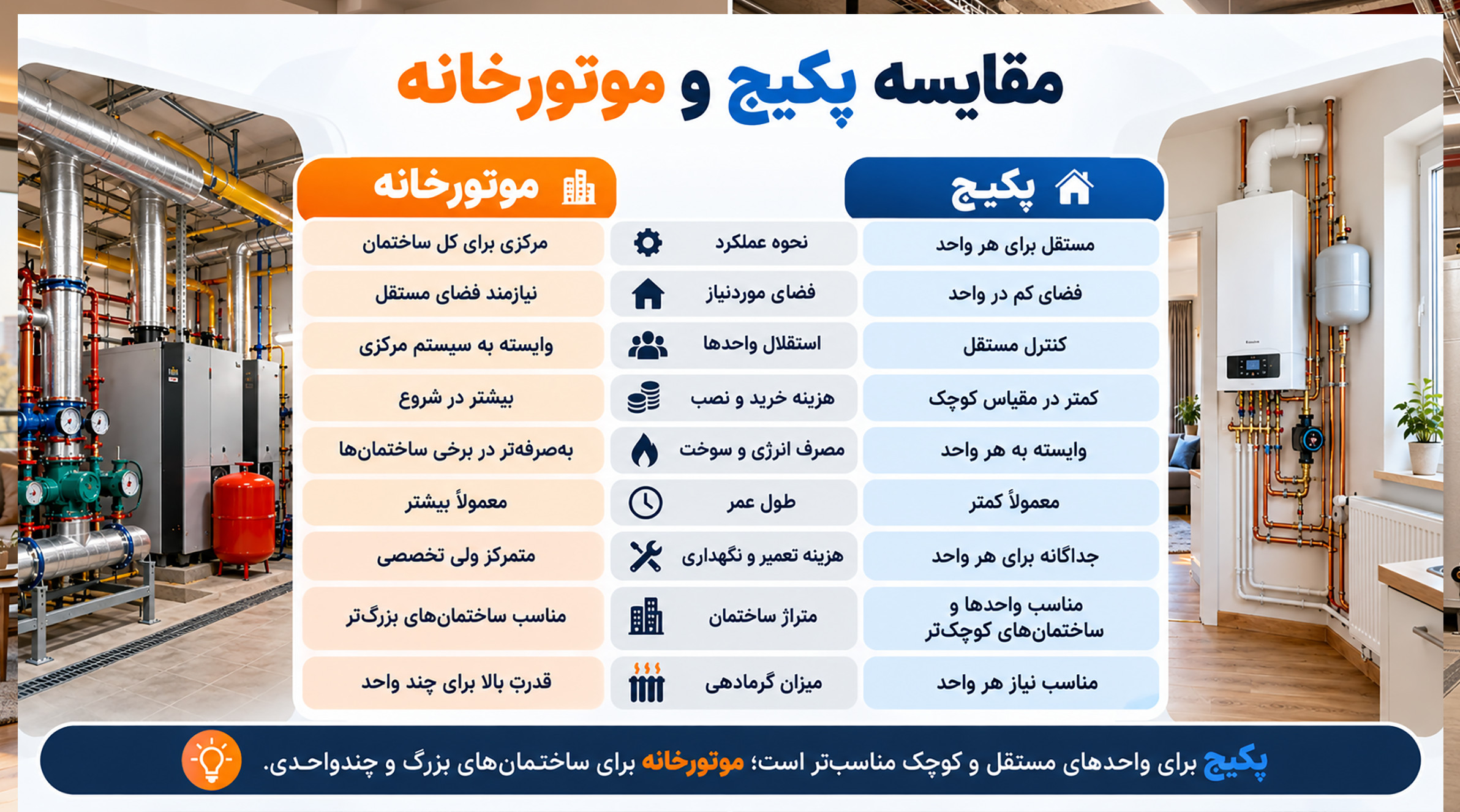 تفاوتهای مهم پکیج و موتورخانه جدول مقایسه پکیج و موتورخانه