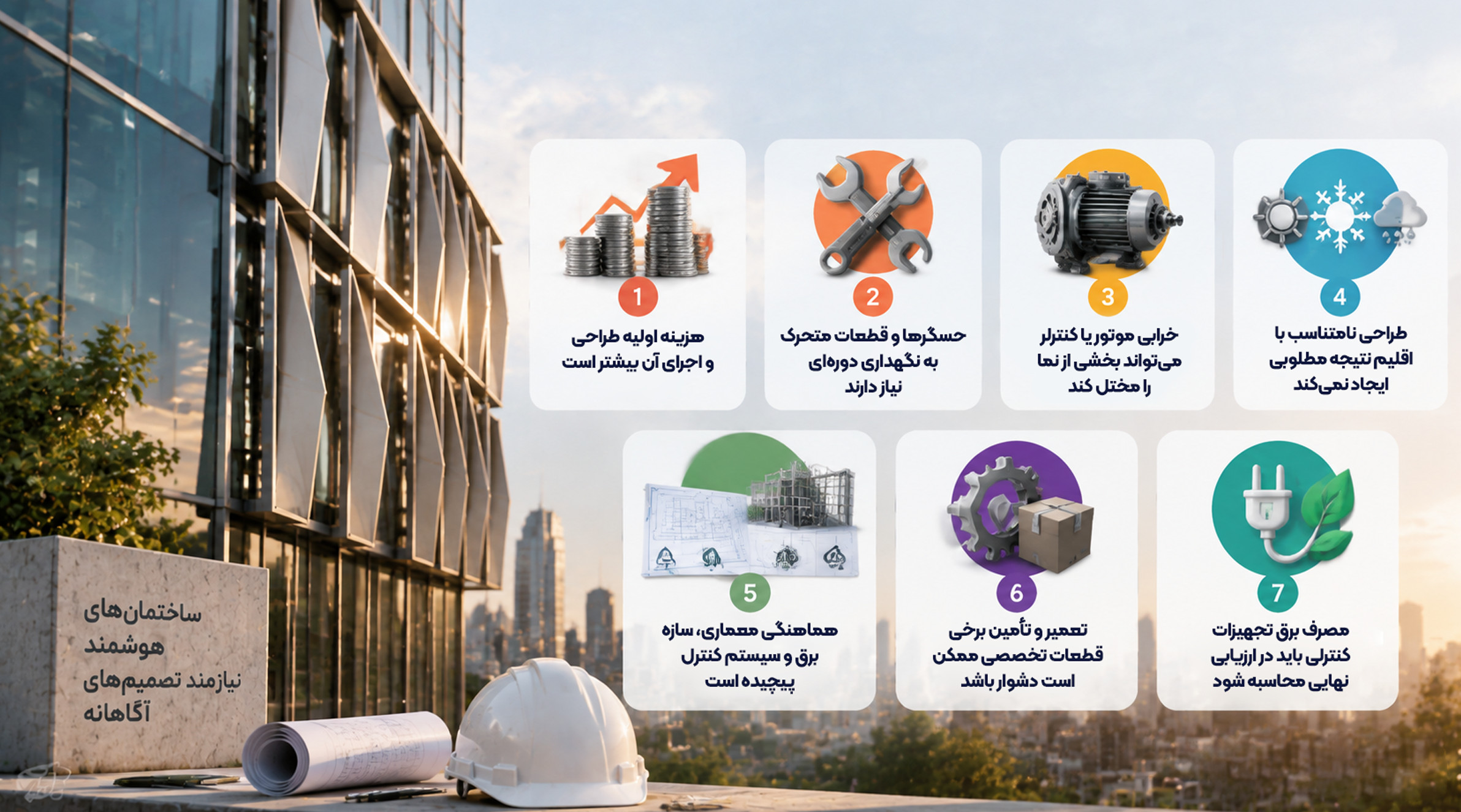 معایب و محدودیت های نمای هوشمند ساختمان اینفوگرافیک معایب و محدودیتهای نمای هوشمند ساختمان در کنار تصویر نمای شیشهای