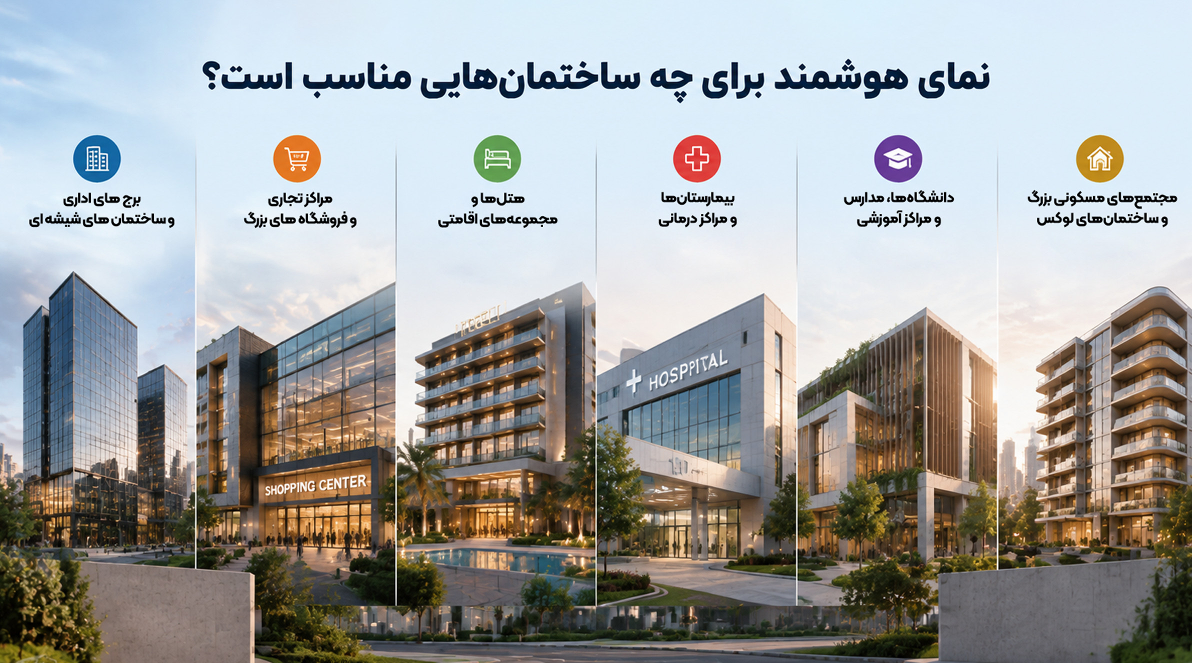 نمای هوشمند برای چه ساختمانهایی مناسب است؟ «اینفوگرافیک کاربرد نمای هوشمند در چند نوع ساختمان با تصاویر نمونه»