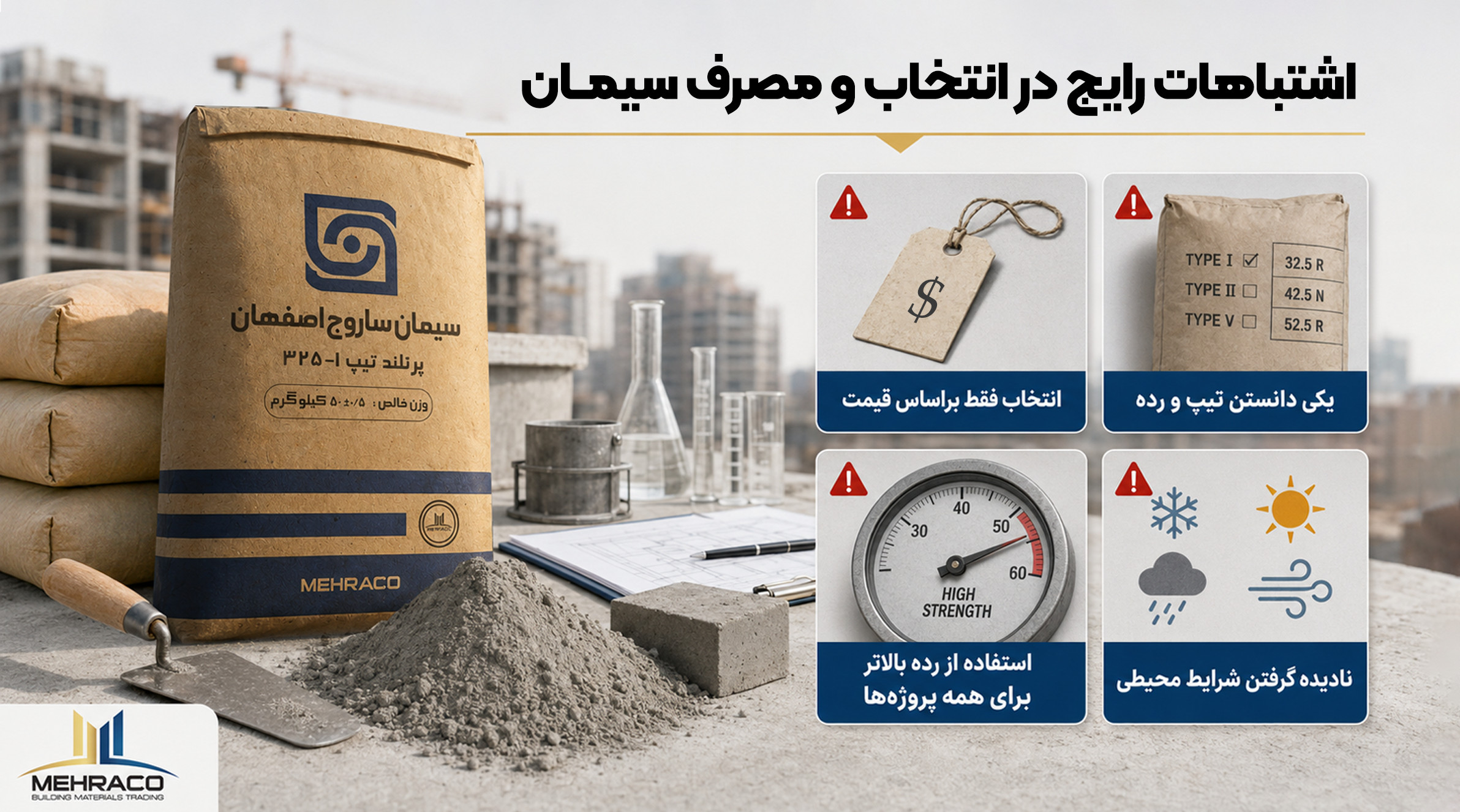 اشتباهات رایج در انتخاب و استفاده از سیمان. نمایش اشتباهات رایج در انتخاب و استفاده از سیمان مانند انتخاب نوع نامناسب، نگهداری نادرست و استفاده غیراصولی