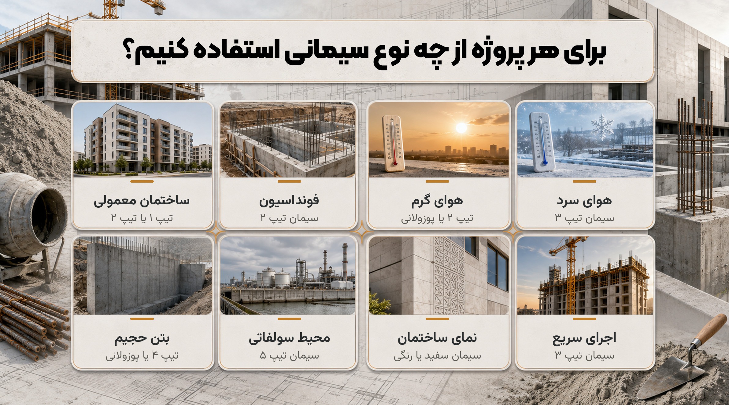 برای هر پروژه باید از کدام نوع سیمان استفاده کرد؟ قایسه نوع سیمان مناسب برای پروژههای ساختمانی، راهسازی، سدسازی، مناطق مرطوب و سازههای دریایی