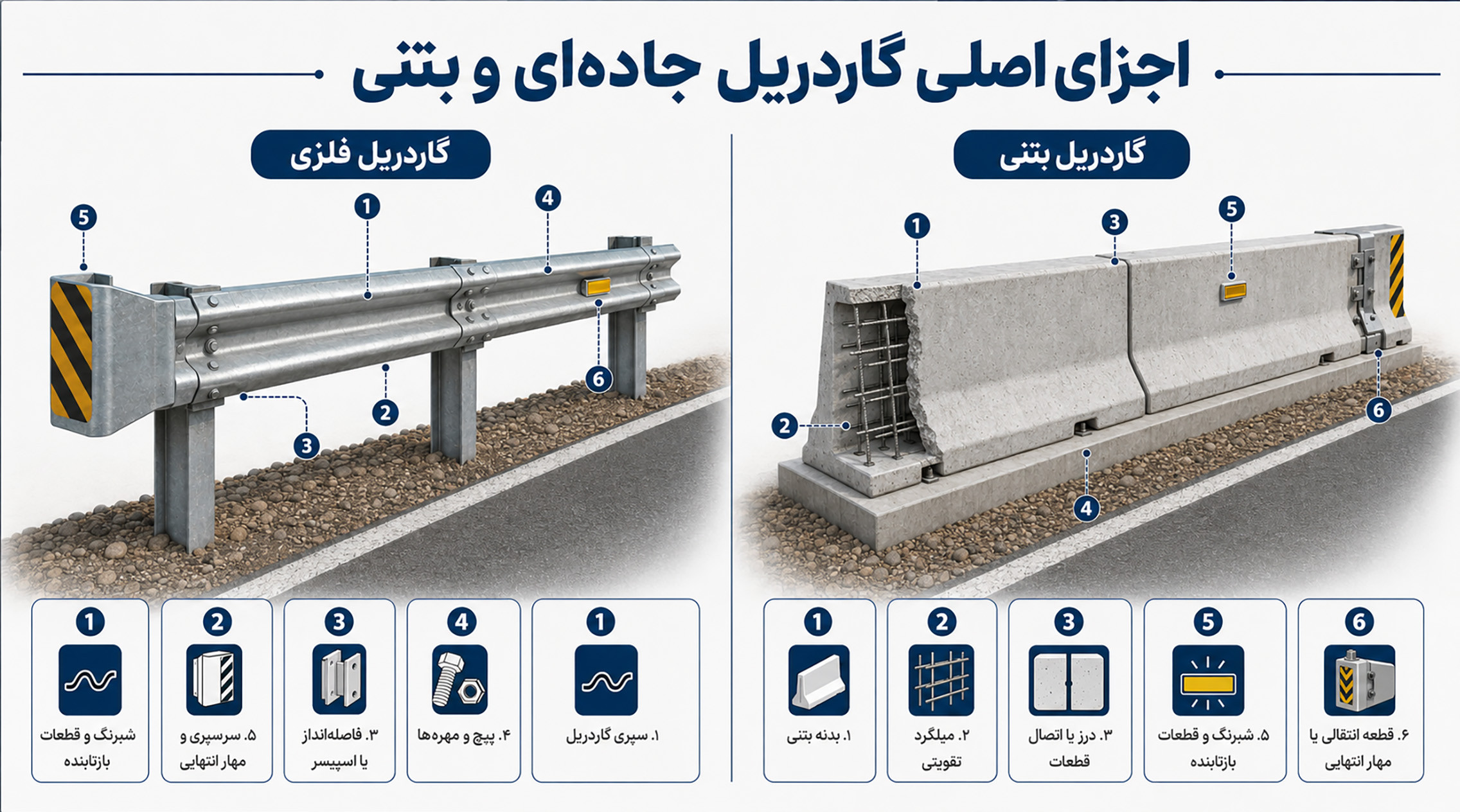 اجزای اصلی گاردریل اینفوگرافیک اجزای اصلی گاردریل جادهای و گاردریل بتنی شامل تیر، پایه، اتصالات و تجهیزات ایمنی