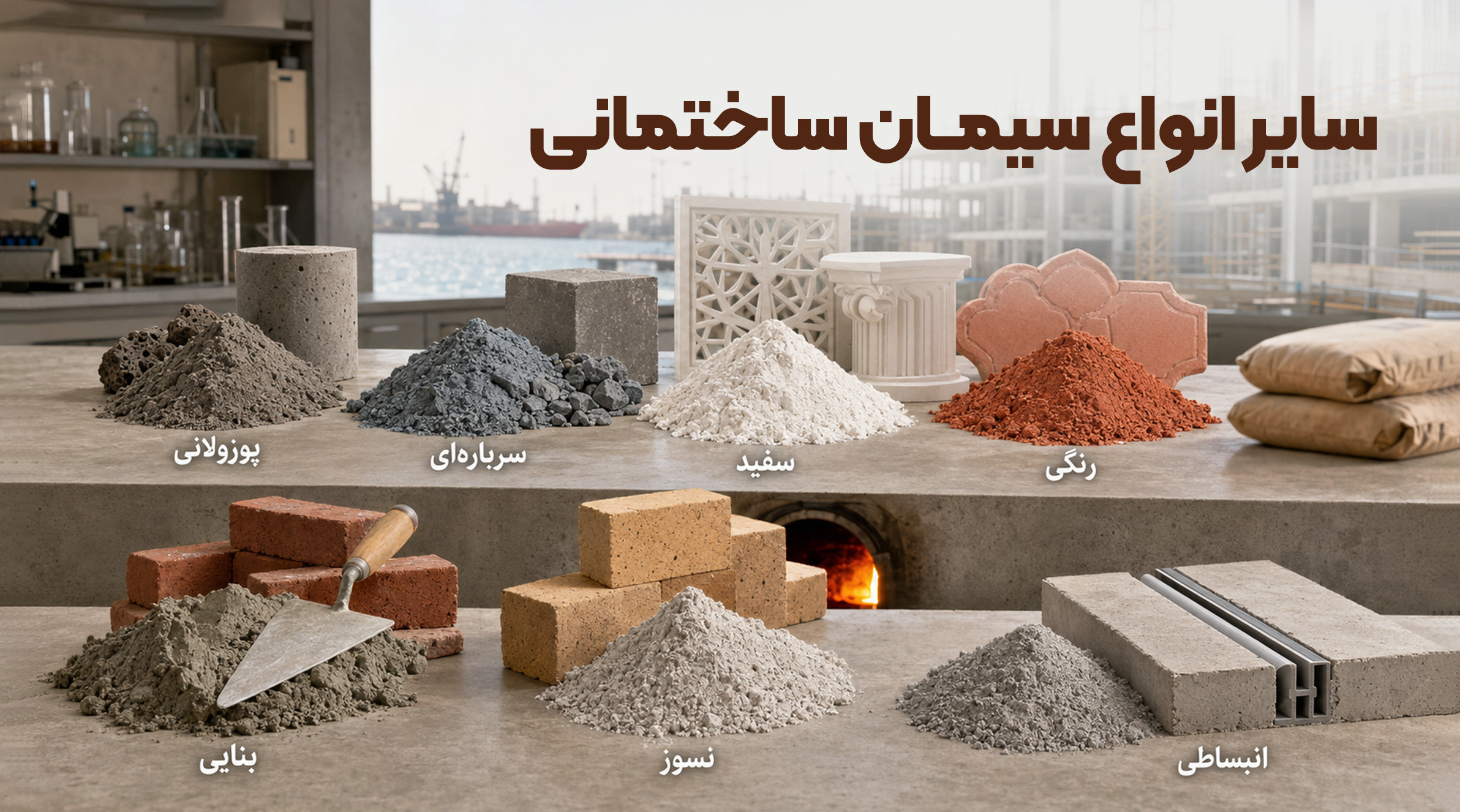 انواع دیگر سیمان ساختمانی چیست؟.png نمایش انواع مختلف سیمان ساختمانی با رنگها و ترکیبات گوناگون