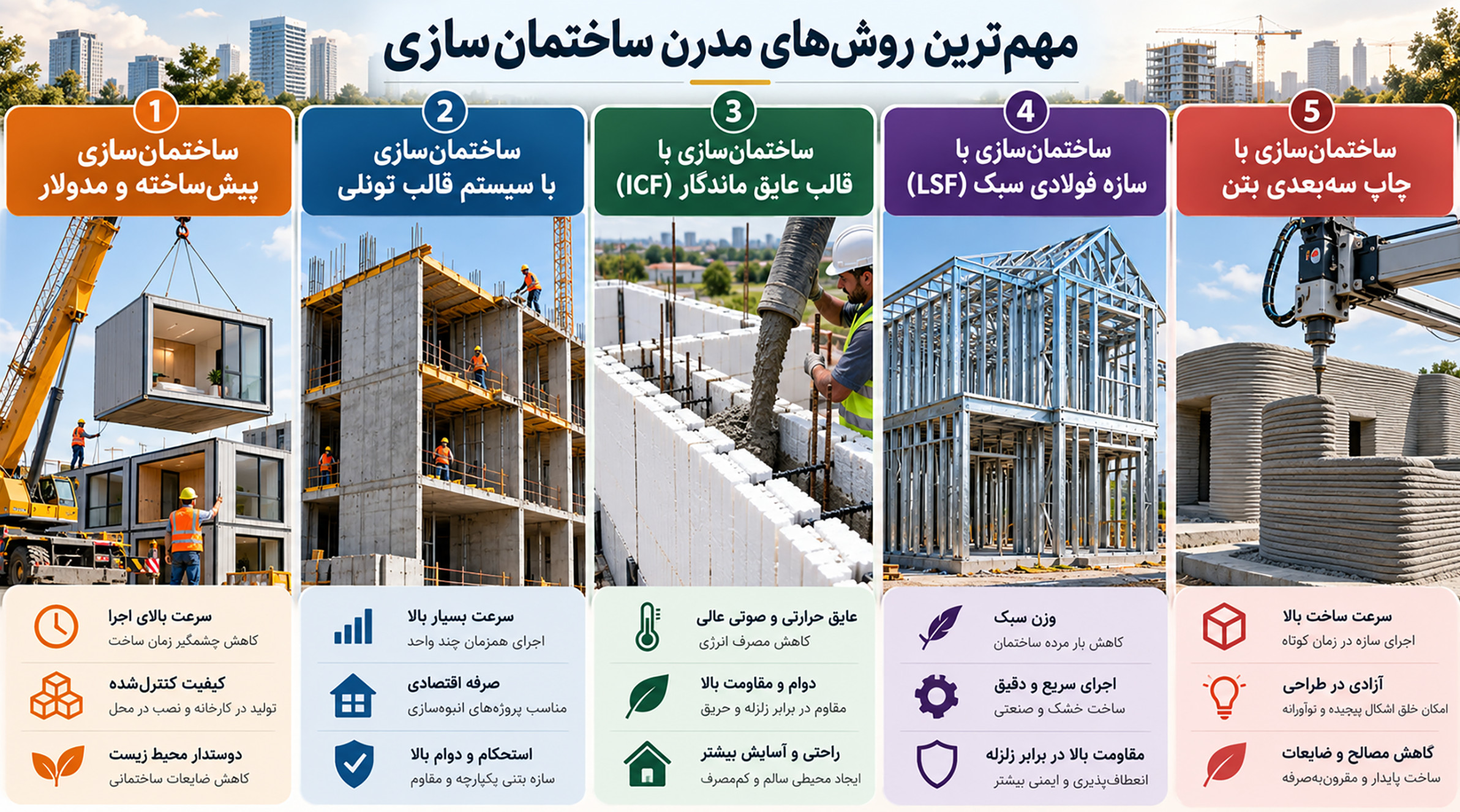 روشهای نوین اجرای ساختمان اینفوگرافیک پنج روش نوین ساختمانسازی