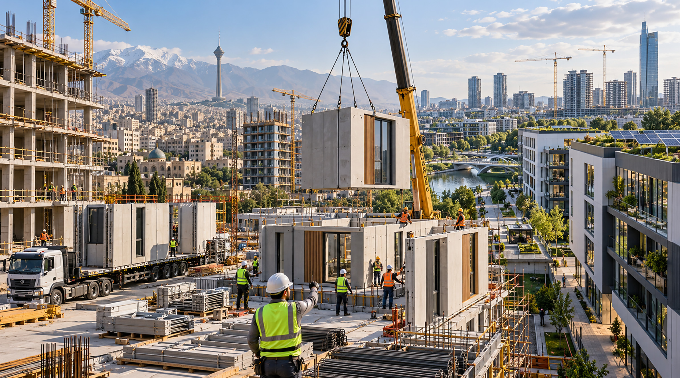 ساختمانسازی مدرن چیست نصب قطعات پیشساخته با جرثقیل