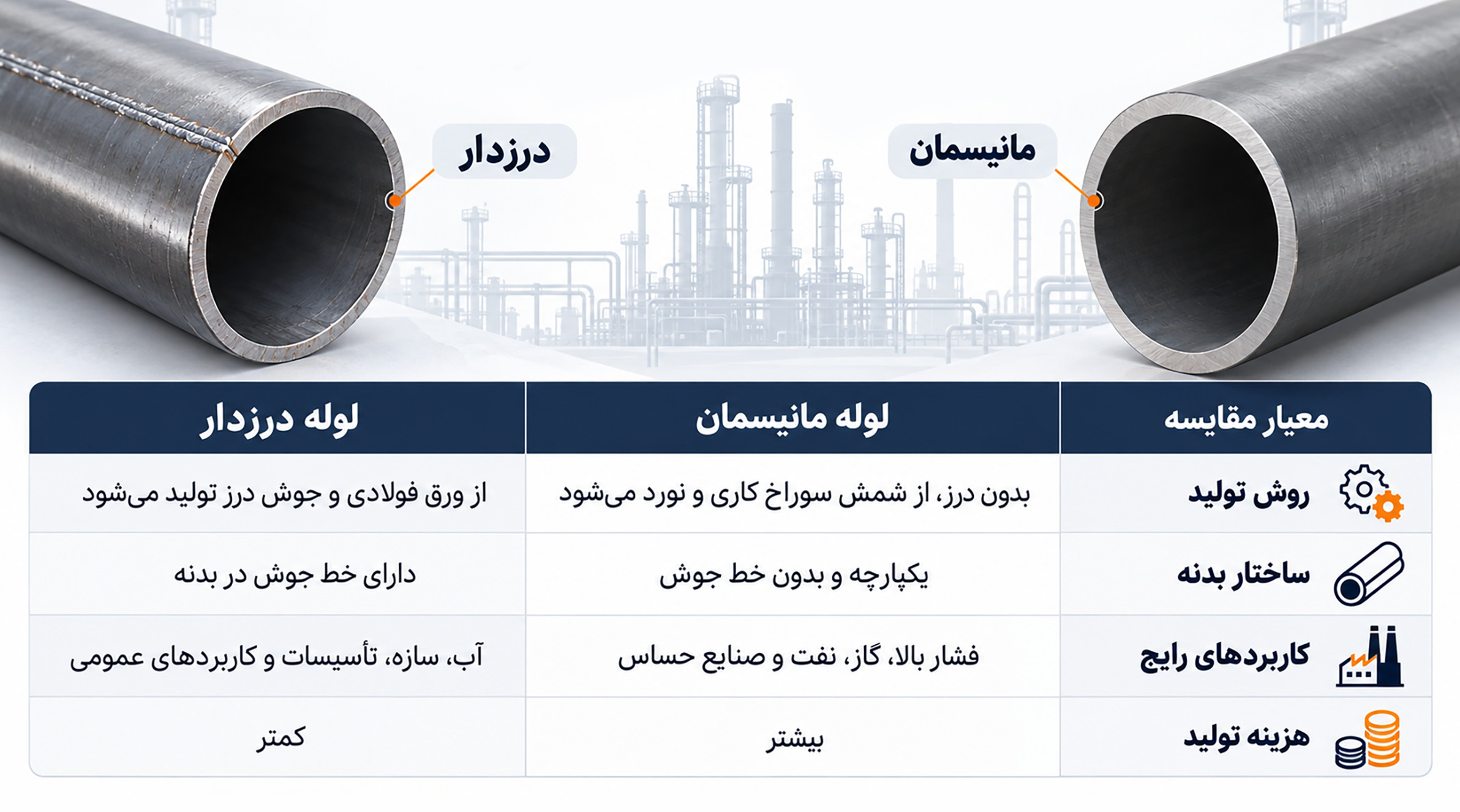 مقایسه لوله مانیسمان و درزدار تفاوت لوله مانیسمان و درزدار