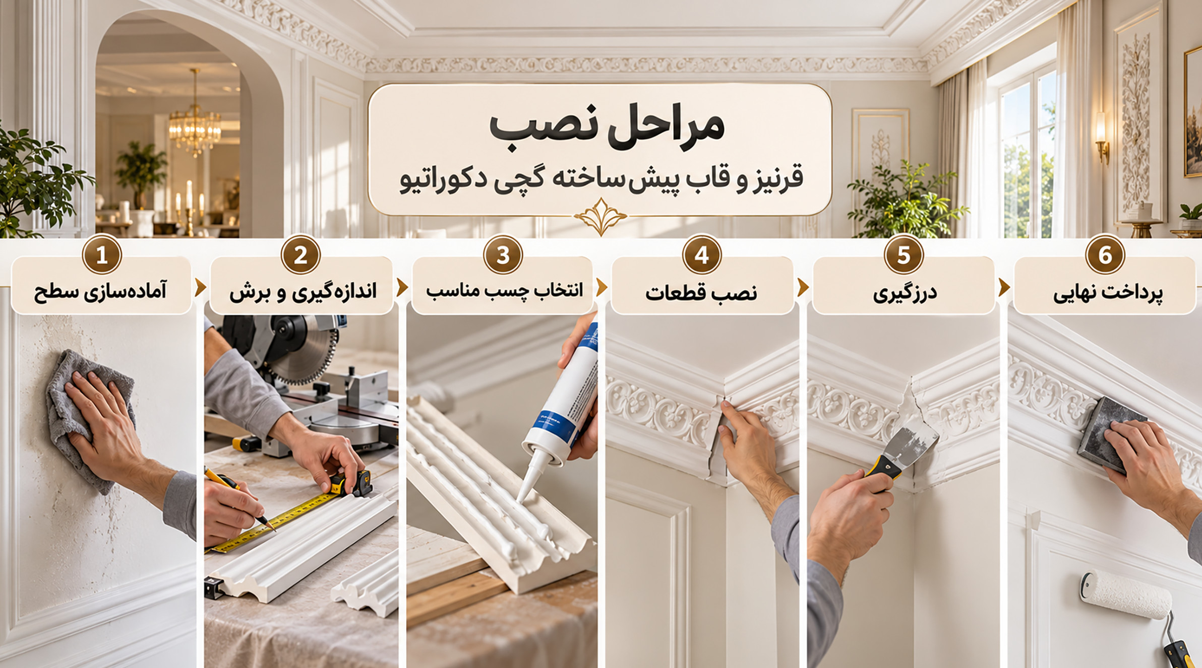 مراحل نصب گچبری پیشساخته مراحل تصویری نصب گچبری پیشساخته