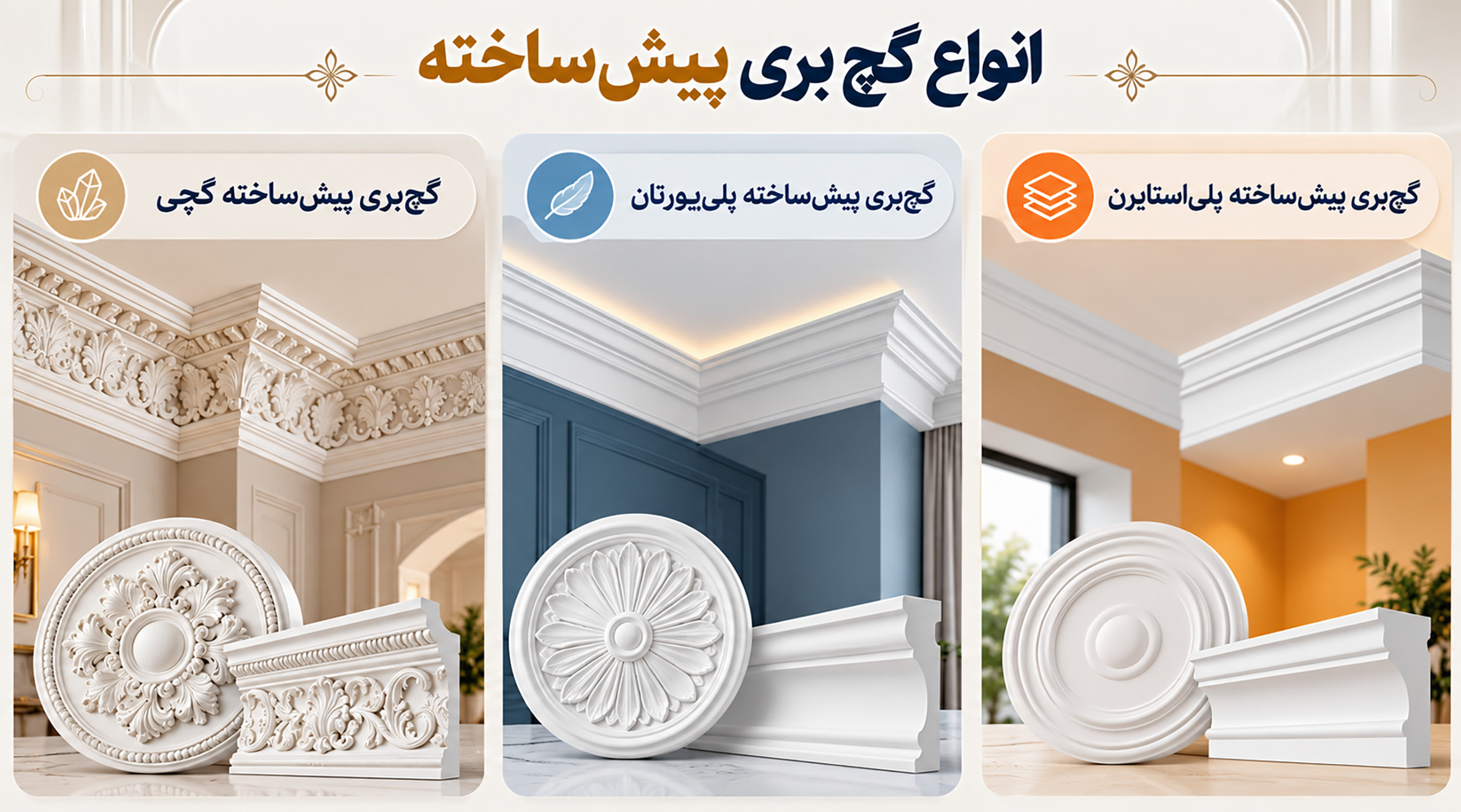 انواع گچبری پیشساخته ساختمانی مقایسه انواع گچبری پیشساخته سقفی