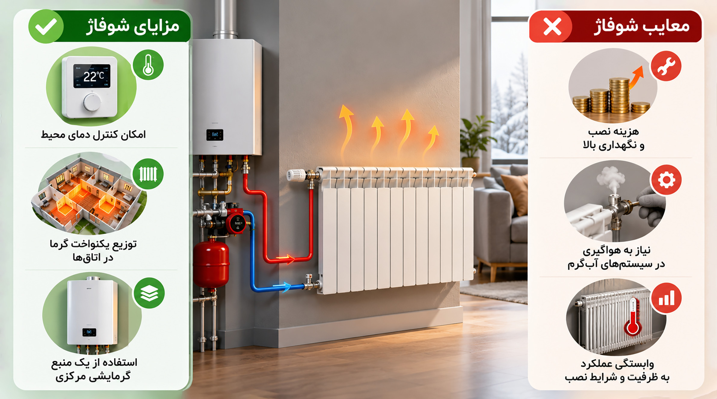 مزایا و معایب شوفاژ اینفوگرافیک مزایا و معایب شوفاژ