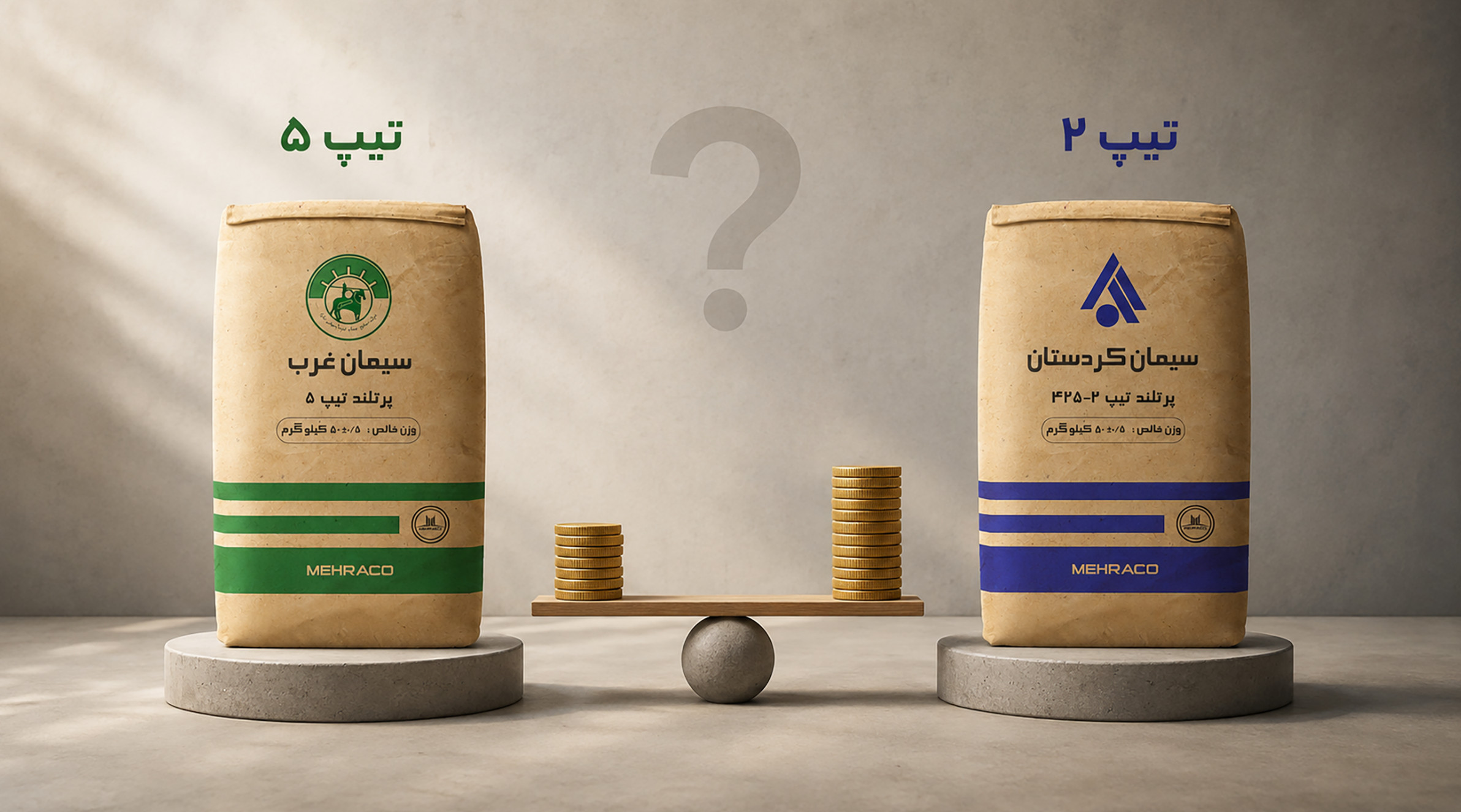 مقایسه قیمت سیمان تیپ ۲ و تیپ ۵ در کنار نماد سکه