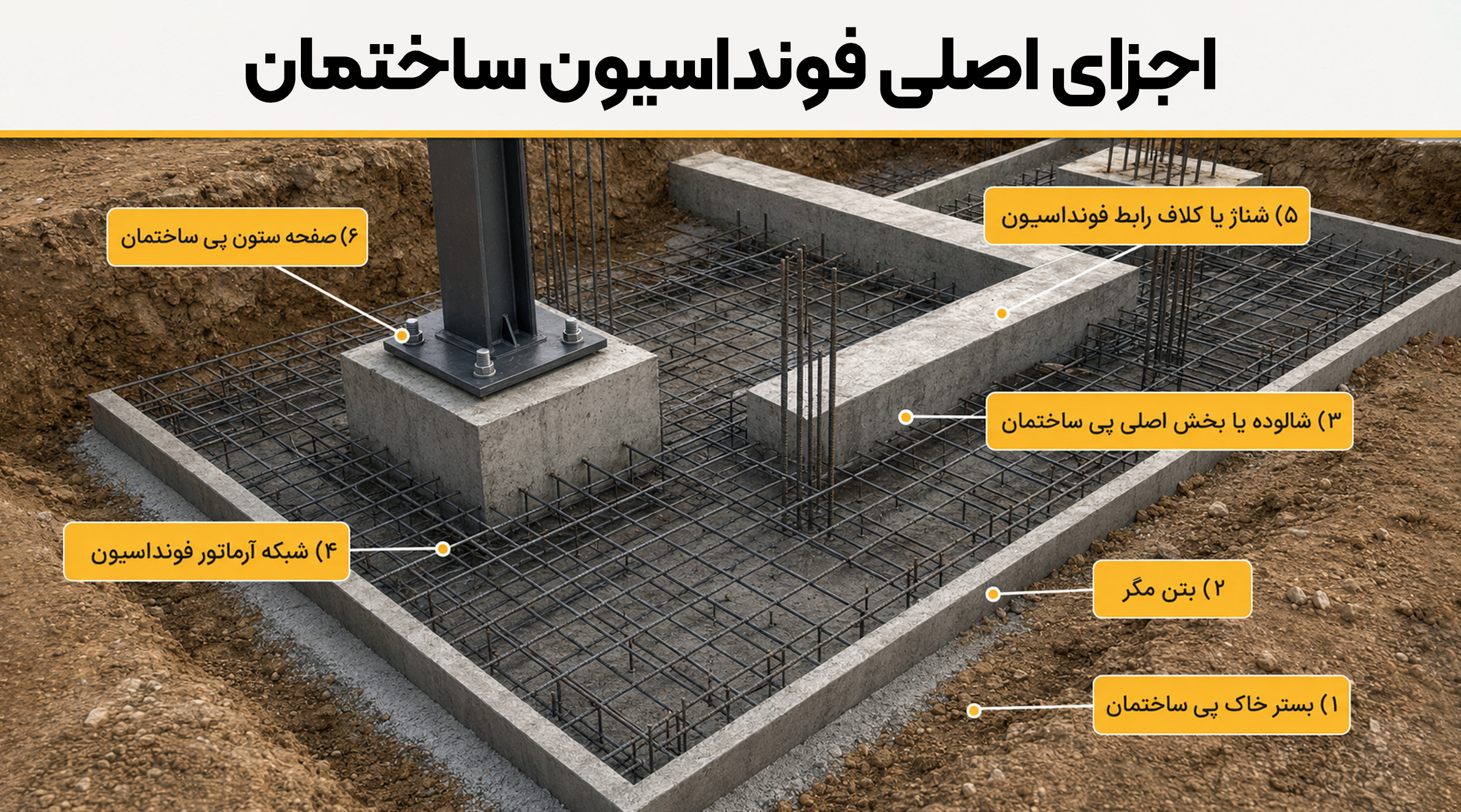 اجزای اصلی فونداسیون ساختمان نمای شماتیک اجزای اصلی فونداسیون ساختمان شامل بتن مگر، آرماتور، ستون و پی