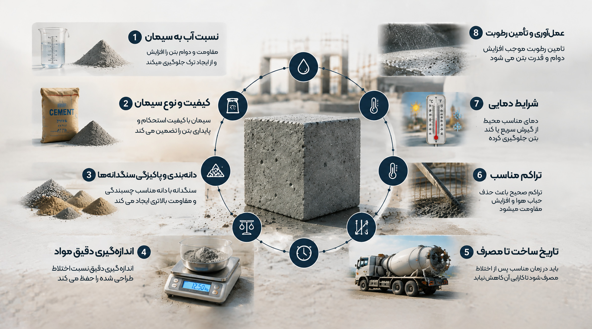چه عواملی بر کیفیت بتن تأثیر میگذارند؟ توصیف تصویر برای دسترسپذیری