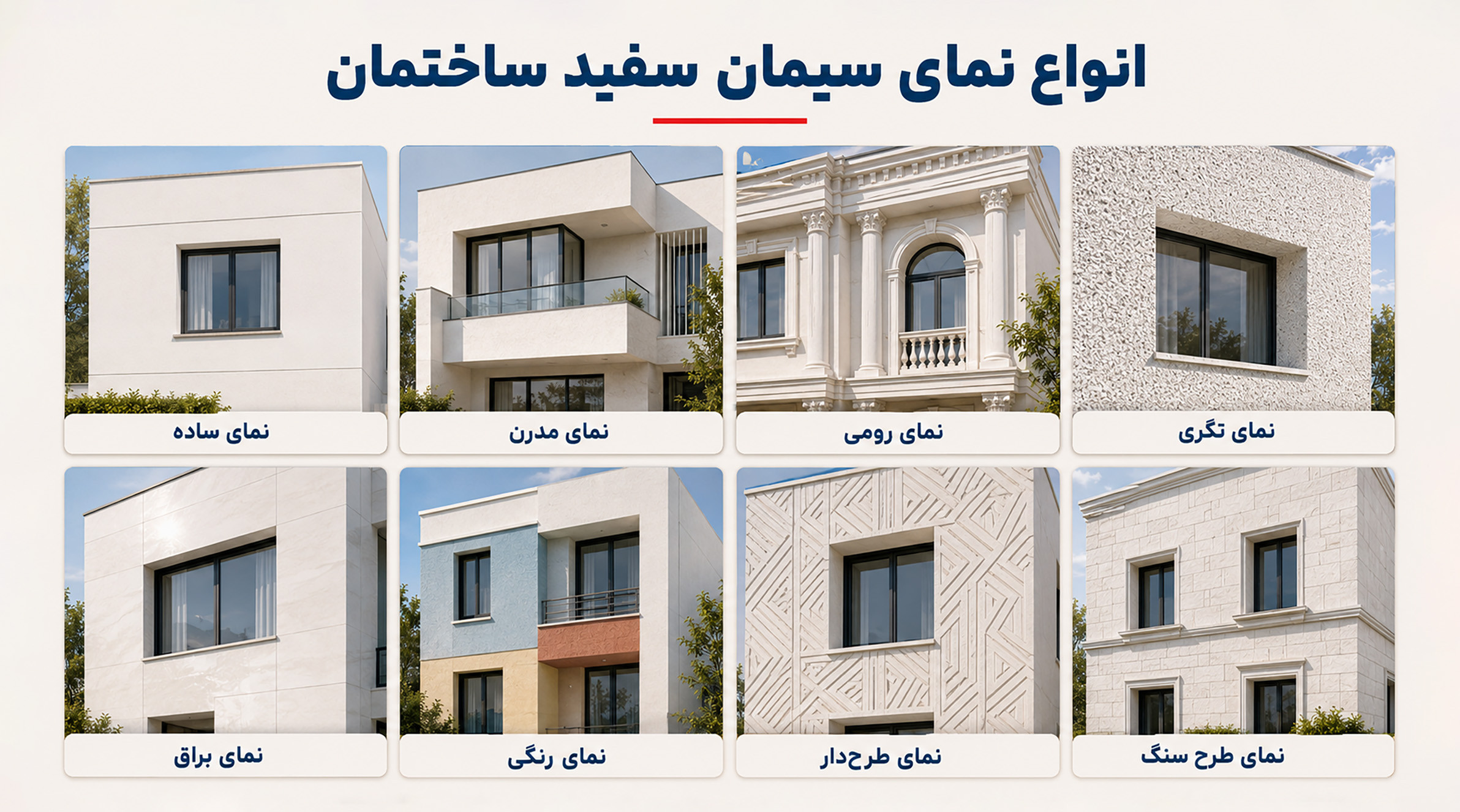 انواع نمای سیمان سفید ساختمان مقایسه انواع نمای سیمان سفید ساختمان شامل نماهای ساده، شسته، تگرگی و طرحدار