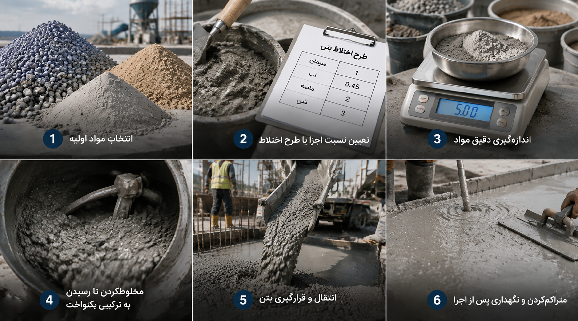 بتن چگونه ساخته میشود؟ مراحل تولید بتن توصیف تصویر برای دسترسپذیری و زمانی است که تصویر نمایش داده نمیشود.