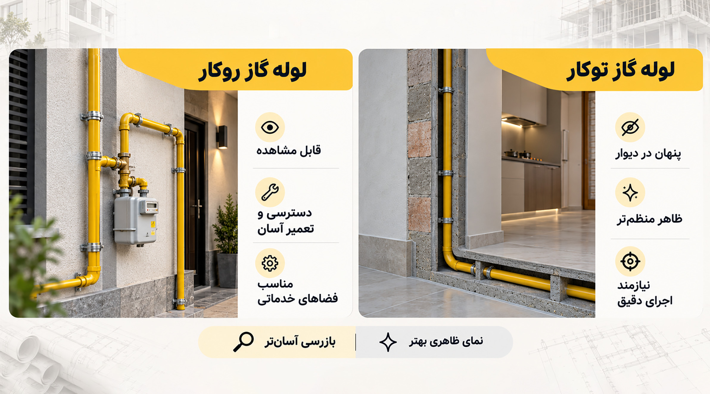 تفاوت لوله گازی توکار و روکار مقایسه لوله گازی توکار و روکار