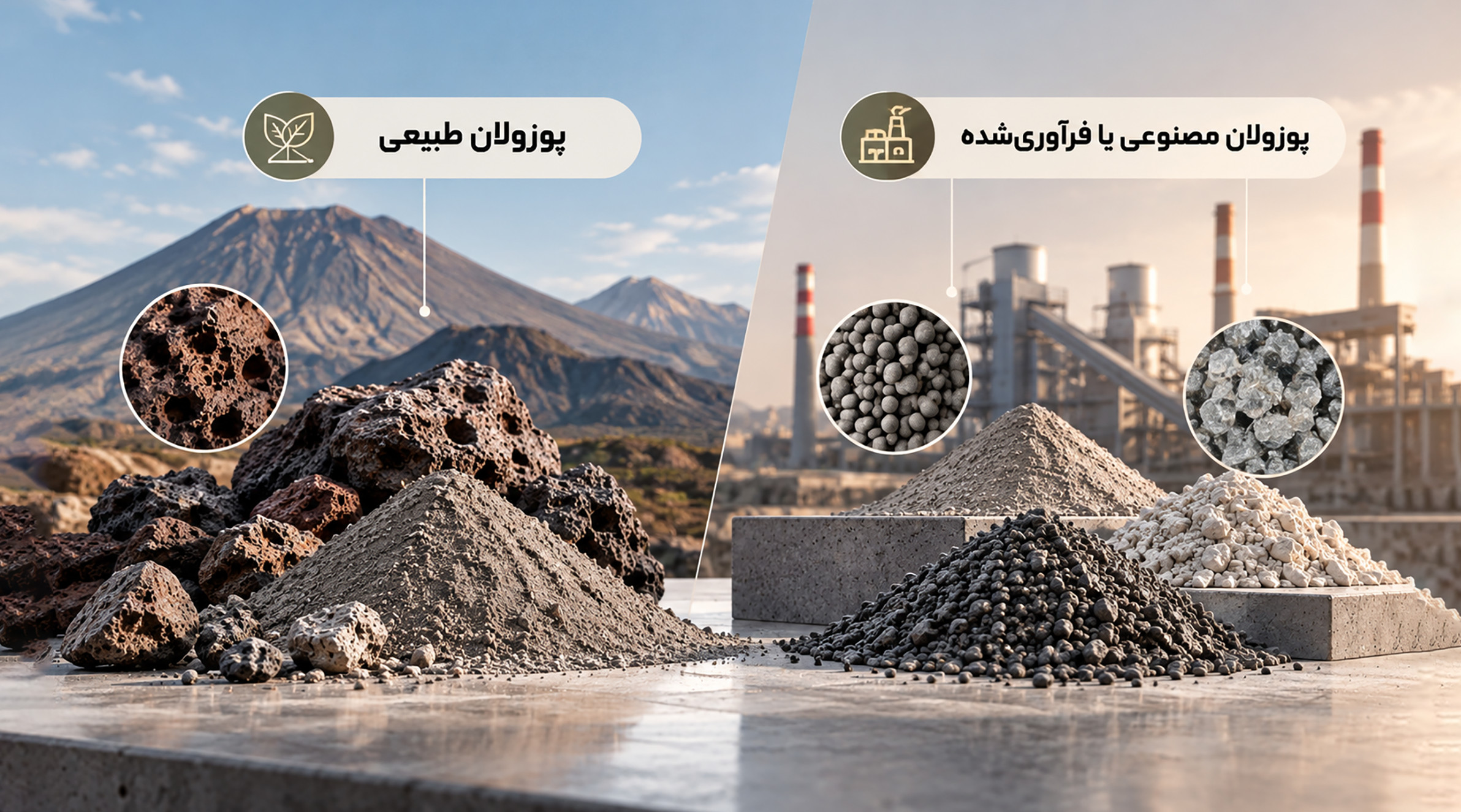 انواع پوزولان مورد استفاده در تولید سیمان پوزولان طبیعی و فرآوریشده