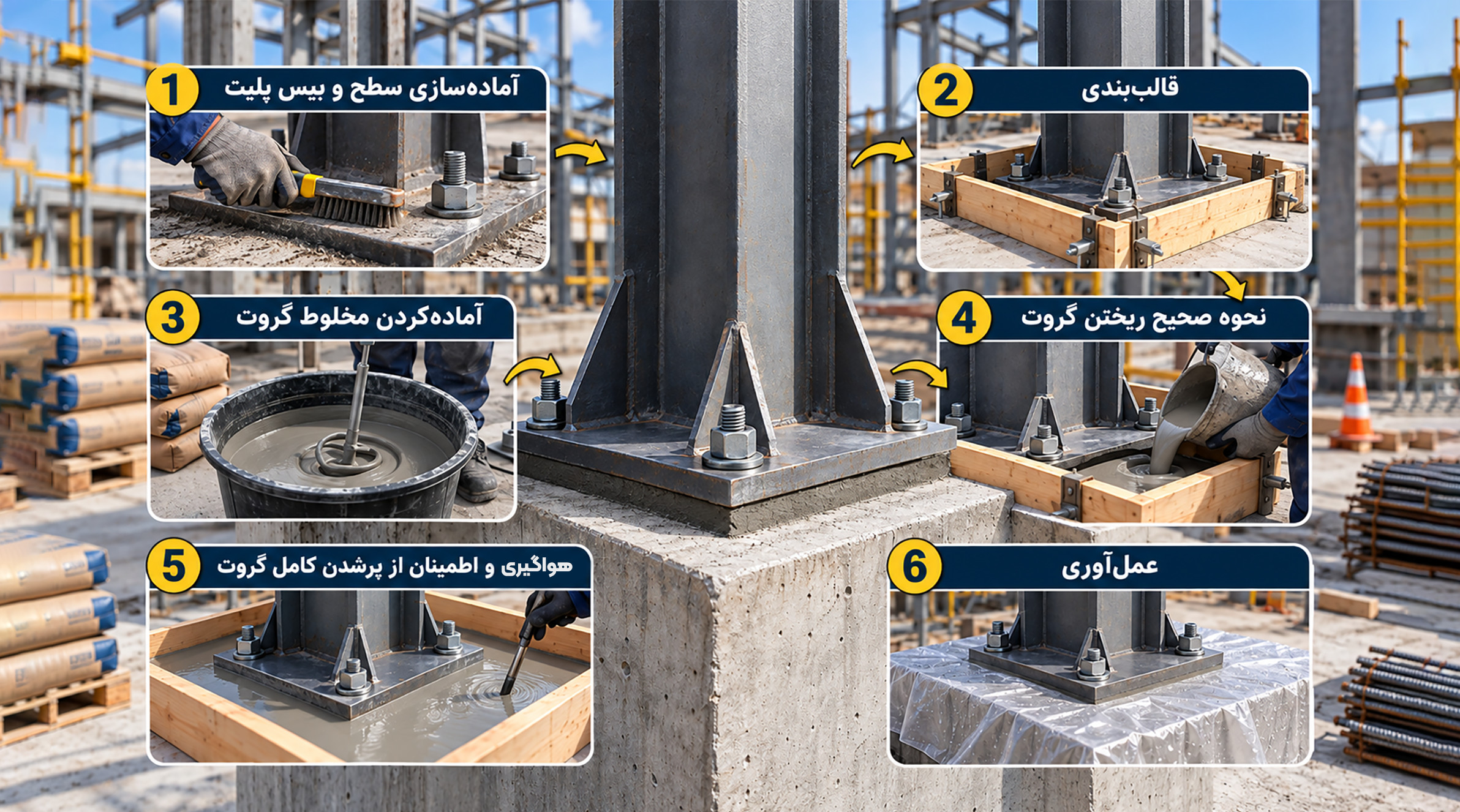 مراحل گروتریزی زیر بیس پلیت مراحل اجرای گروت زیر بیسپلیت