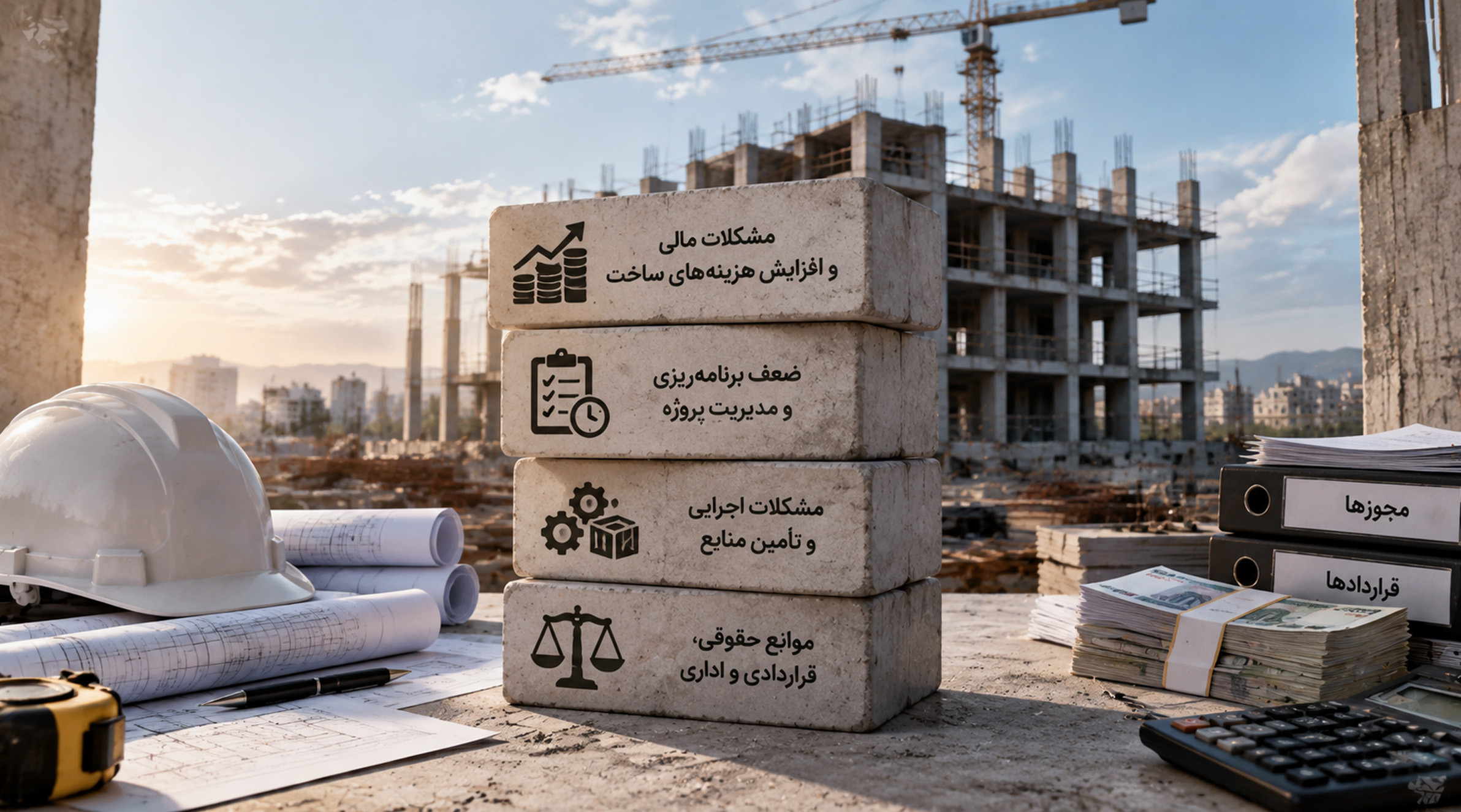 نمای ساختمانی نیمه‌تمام در کارگاه، در کنار تصویرسازی عوامل توقف پروژه ساختمانی