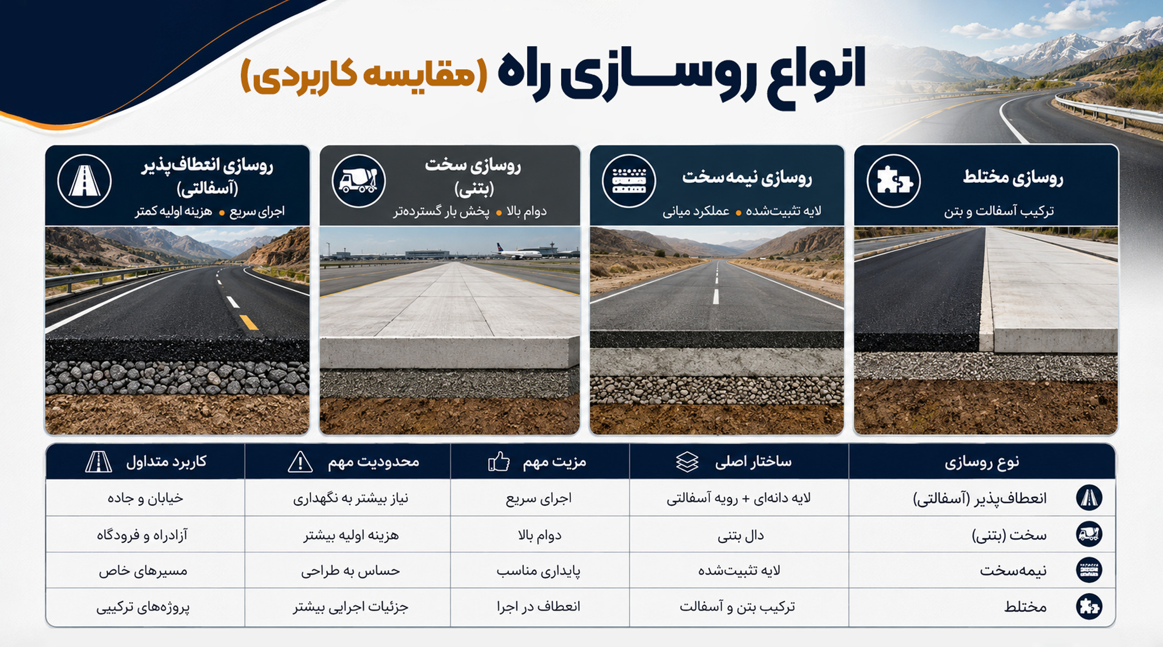 انواع روسازی راه اینفوگرافیک مقایسه انواع روسازی راه شامل روسازی آسفالتی، بتنی، شنی و مرکب