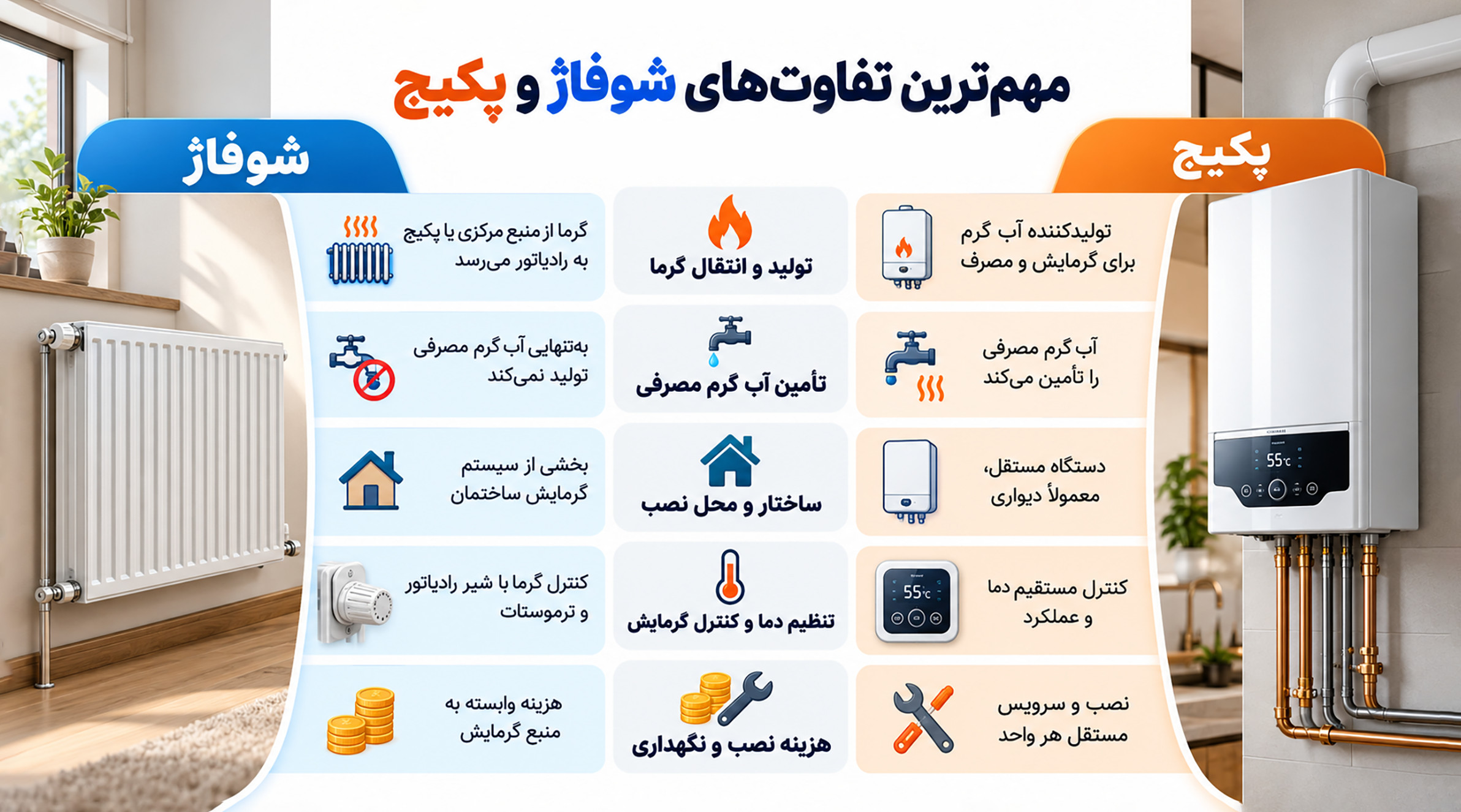 تفاوتهای اصلی شوفاژ و پکیج اینفوگرافیک تفاوت عملکرد شوفاژ و پکیج